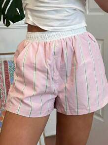 INAWLY Plus Size Casual Colorblock Striped Shorts, Summer - Multicolor - View 5