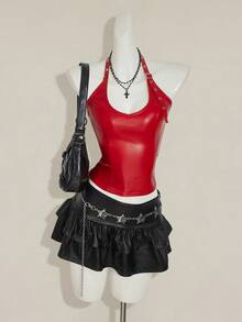 SHEIN ICON Damen einfarbiges minimalistisches Spaghetti-Träger rückenfreies PU-Leder Y2K Camisole Top, Party-/Urlaubsmode, Alltags-Lässig, Weinrot