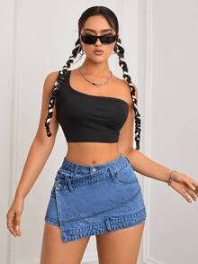 SHEIN ICON 女士时尚不对称设计牛仔短裙 - 中等水洗藍 - 查看 3