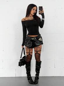 Coolane Áo trễ vai tay dài màu đen, họa tiết chéo, phối ren, phù hợp mọi mùa, lễ hội âm nhạc Goth Witchy dành cho nữ - màu đen - Xem 4