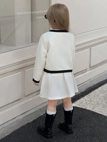 SHEIN Elladie kids 2 件套年轻女孩可爱蝴蝶结装饰黑白短袖夹克和舒适可爱的秋冬裙子套装