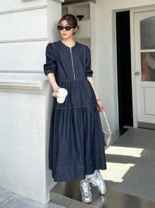 SHEIN Unity 女式秋季深牛仔蓝休闲通勤长款牛仔连衣裙，女式秋季服装，返校节服装，外出服装，商务休闲女装，哥特式女装 - 深色水洗藍 - 查看 1