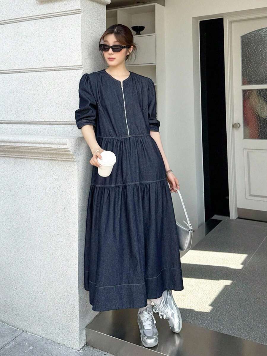 SHEIN Unity 女式秋季深牛仔蓝休闲通勤长款牛仔连衣裙，女式秋季服装，返校节服装，外出服装，商务休闲女装，哥特式女装 - 深色水洗藍 - 查看 1