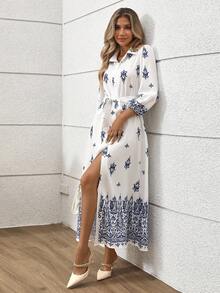 Gloray Women's Elegant Faux Linen Bamboo Knot Waist Dress - Blue and White - View 5