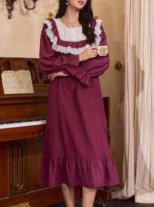 Côtesoire Váy ngủ nữ viền bèo nhún phong cách cung điện Pháp, Thu Đông - Màu tím - Xem 3