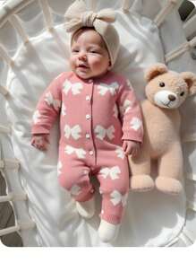 SHEIN Newborn Baby Girl Casual Bow Knit Jumpsuit, Autumn/Winter Baby Winter Clothes Baby Romper Knitted Baby Jumpsuit Baby Jumpsuit Bow Print Baby Clothes Fall - Pink - View 1