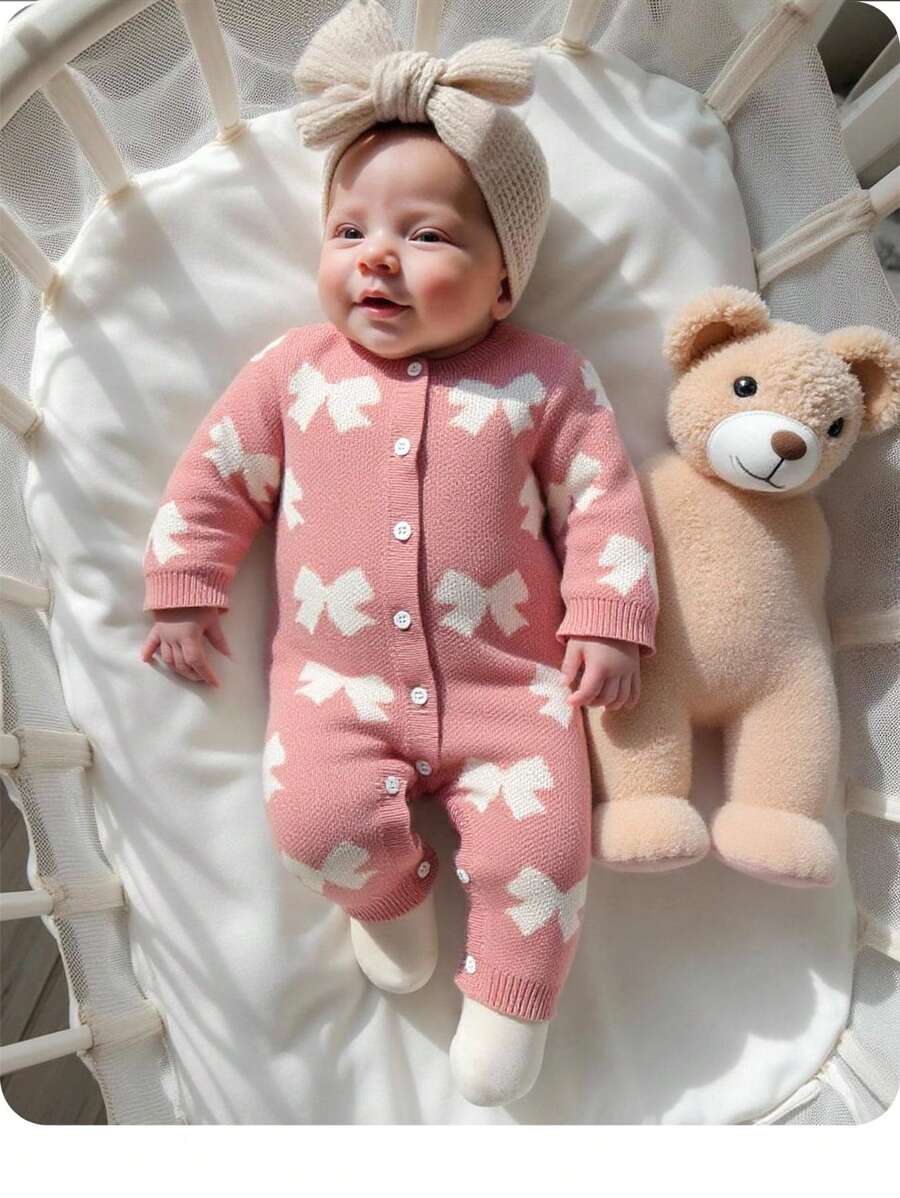 SHEIN Newborn Baby Girl Casual Bow Knit Jumpsuit, Autumn/Winter Baby Winter Clothes Baby Romper Knitted Baby Jumpsuit Baby Jumpsuit Bow Print Baby Clothes Fall - Pink - View 1