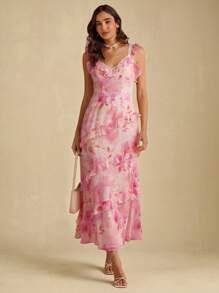 Enchnt 女士休闲浪漫优雅荷叶边修腰无袖连衣裙 - 粉色 - 查看 5