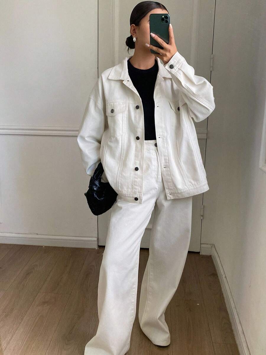 DAZY 女士宽松休闲白色牛仔套装，秋季新品 - 白色 - 查看 1