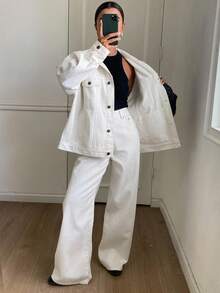 DAZY 女士宽松休闲白色牛仔套装，秋季新品 - 白色 - 查看 4