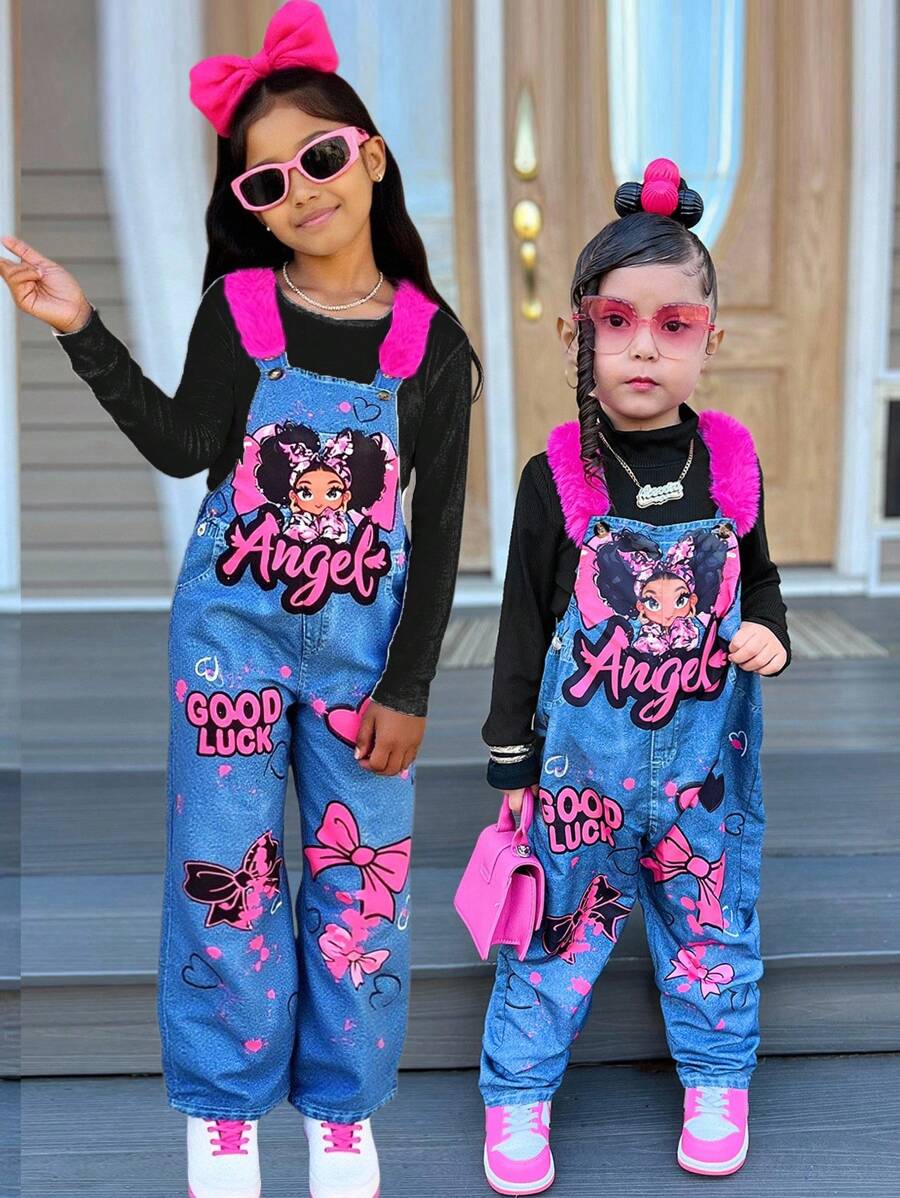SHEIN Mono de pana con estampado lindo y de niña para niñas preadolescentes - Azul - Ver 1