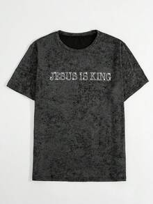 Manfinity Dauomo JESUS IS KING 水钻图案 T 恤，男士圆领短袖雪花纹理舒适宽松上衣，适合日常穿着 - 黑色 - 查看 4