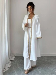 Elenzga 女士金色蕾丝拼接宽松长款休闲优雅两件套服装，适合外出、日常穿着、秋季 - 白色 - 查看 5