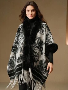 Anewsta Women's New Oriental Aesthetic Ink Painting Tassel Shawl, Suitable For Autumn, Fall, Winter, Going Out, Elegant, Formal, Party, Chic, New Year, Women's Winter Coat, Christmas, Work, Graduation, Wedding