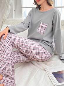 EURMUSE Cotton 2pcs/Set Women' S Print Pajamas And Pocket Detail Long Sleeve Homewear Pajama Set Womens Pajama Set Plaid Pajama Set Soft Pajama Set Round Neck Pajama Set Womens Sleepwear Set - Grey - View 1