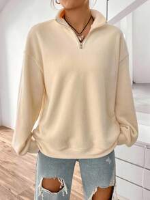 Women's Solid Color Zipper Half Placket Long Sleeve Casual Sweatshirt