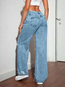 SHEIN Tall Women's Blue Mid-Waist Ripped Fashionable Versatile Straight Loose Fit Jeans - Light Wash - View 2