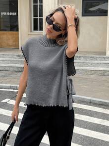 Serisse 休闲宽松女士针织毛衣背心，适合秋冬季日常穿着 - 灰色 - 查看 6