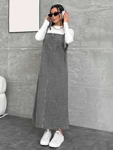 EURMUSE WOMEN LONG DENIM DRESS POCKET DETAILED - Grey - View 6