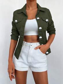 EURMUSE Flap Pocket Button Front Denim Jacket - Army Green - View 5