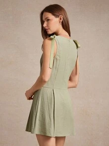 WESTFADE Plaid Checkered Woven V Neck Button Front Pleated Bow Shoulder Mini Dress Back To School Cute Fall Summer Country Concert - Yellow - View 2