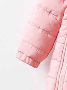 SHEIN 女婴休闲可爱厚款双拉链连帽长裤连体衣，冬季 - 粉色 - 查看 4