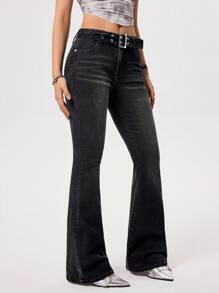 SHEIN EZwear 女式中腰休闲时尚修身纯色喇叭牛仔裤 - 黑色 - 查看 1