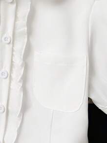 Girls' Korean Style Fashionable Casual School Look Outfit, Peter Pan Collar Short Sleeve Shirt & Patchwork Pleated Skirt Set, Summer