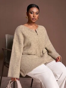 Veslaya Áo khoác cardigan dệt kim dài tay màu kaki trơn, dáng rộng, khóa kéo phía trước, dành cho nữ, phù hợp cho mùa Thu/Đông, thanh lịch, dự tiệc, hẹn hò, mặc hàng ngày, dạo phố và ở nhà - A - Màu Khaki - Xem 6