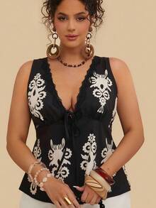 SHEIN VCAY 大码女式黑色复古印花吊带背心，V 领蕾丝花边腰部 A 字形细肩带 - 黑色 - 查看 1