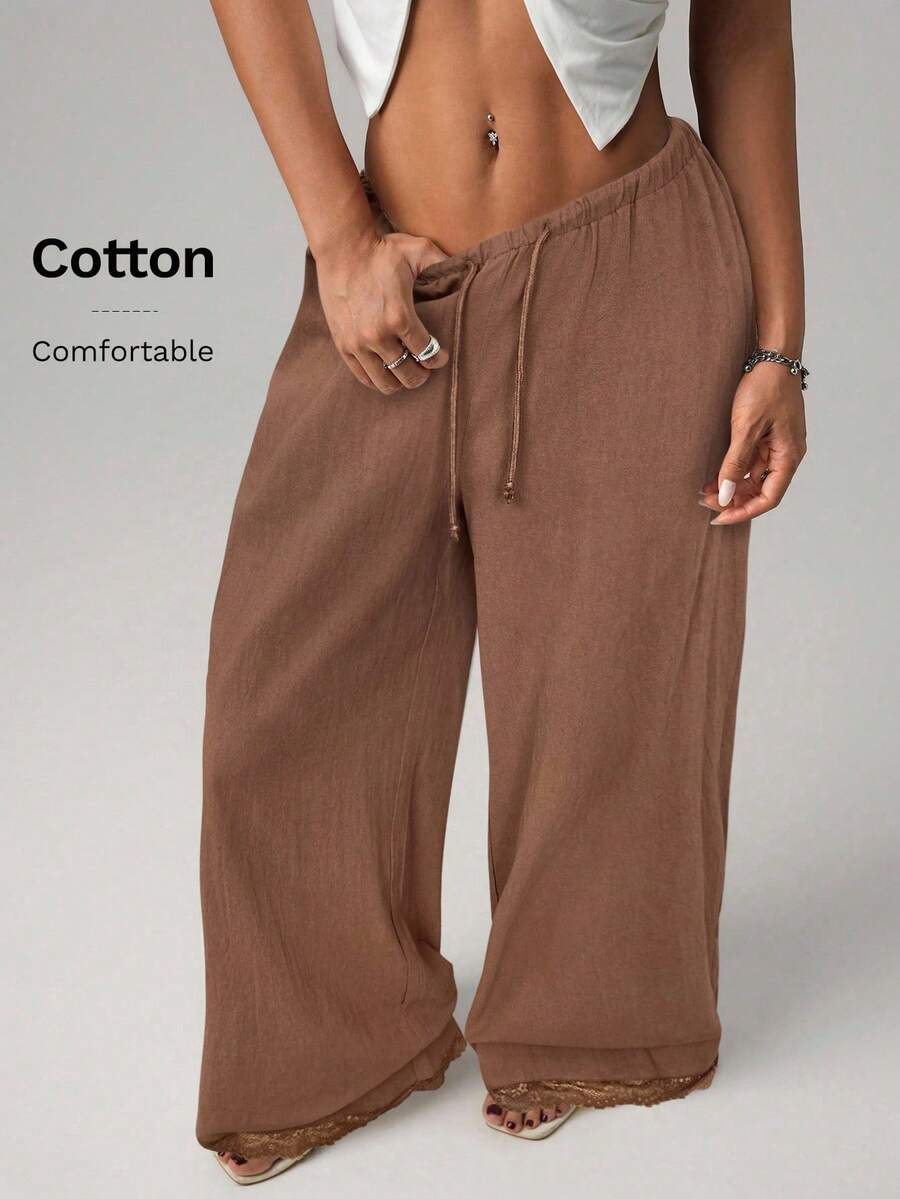 SHEIN ICON Quần ống rộng ống đứng cạp siêu thấp bằng vải lanh trắng có viền ren, dài đến mắt cá chân - màu nâu - Xem 1