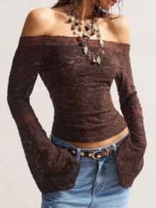 Bohemela Áo thun nữ hở vai tay loe phối ren màu trơn phong cách Boho cổ điển - Màu nâu  Mocha - Xem 3