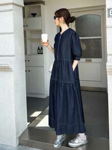 SHEIN Unity 女式秋季深牛仔蓝休闲通勤长款牛仔连衣裙，女式秋季服装，返校节服装，外出服装，商务休闲女装，哥特式女装 - 深色水洗藍 - 查看 4