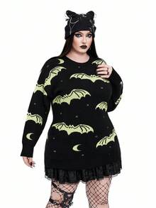 Whyspr Suéter casual de cuello redondo de manga larga con estampado de murciélago para mujer de talla grande