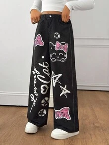 Sparklyn Tween Girls Elastic Waist Loose Printed Wide Leg Pants, Suitable For Street & Everyday Wear, Spring/Autumn Fall Winter