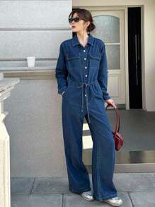 SHEIN Unity 女式秋季深牛仔蓝休闲通勤抽绳腰牛仔连体裤，秋季女装，外出服，商务休闲女装 - 中等水洗藍 - 查看 5