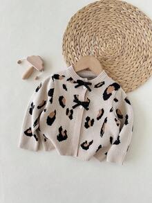 SHEIN Babygirl Casual Leopard Print Knitted Cardigan, Versatile For Autumn/Winter Baby Girl Leopard Cardigan Leopard Print Baby Sweater Baby Knitwear Infant Girl Clothes Leopard Print Baby Girl Fall Sweater - Camel - View 7