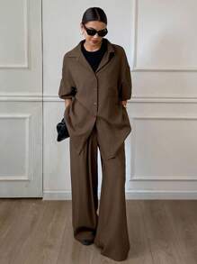 Livesso Toamna/Iarna Nou Lejer Casual Culoare Solidă Slouchy Femei Set 2 Piese Seturi de Lejerie Pentru Femei - cafea maro - Vizualizare 4