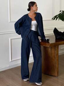 Livesso 2 piezas Conjunto de chaqueta y pantalones de mezclilla casual urbano para mujer, otoño/invierno - Azul - Ver 5