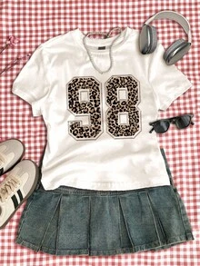 SHEIN 复古街头运动豹纹 98 号图案，青少年女孩修身休闲简约舒适圆领修身长袖 T 恤，适合夏季 - 彩色 - 查看 3