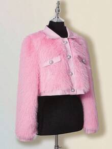 SHEIN ICON Women's Solid Color Long Sleeve Single-Breasted Faux Fur Elegant Jacket In Fall/Winter - Pink - View 1