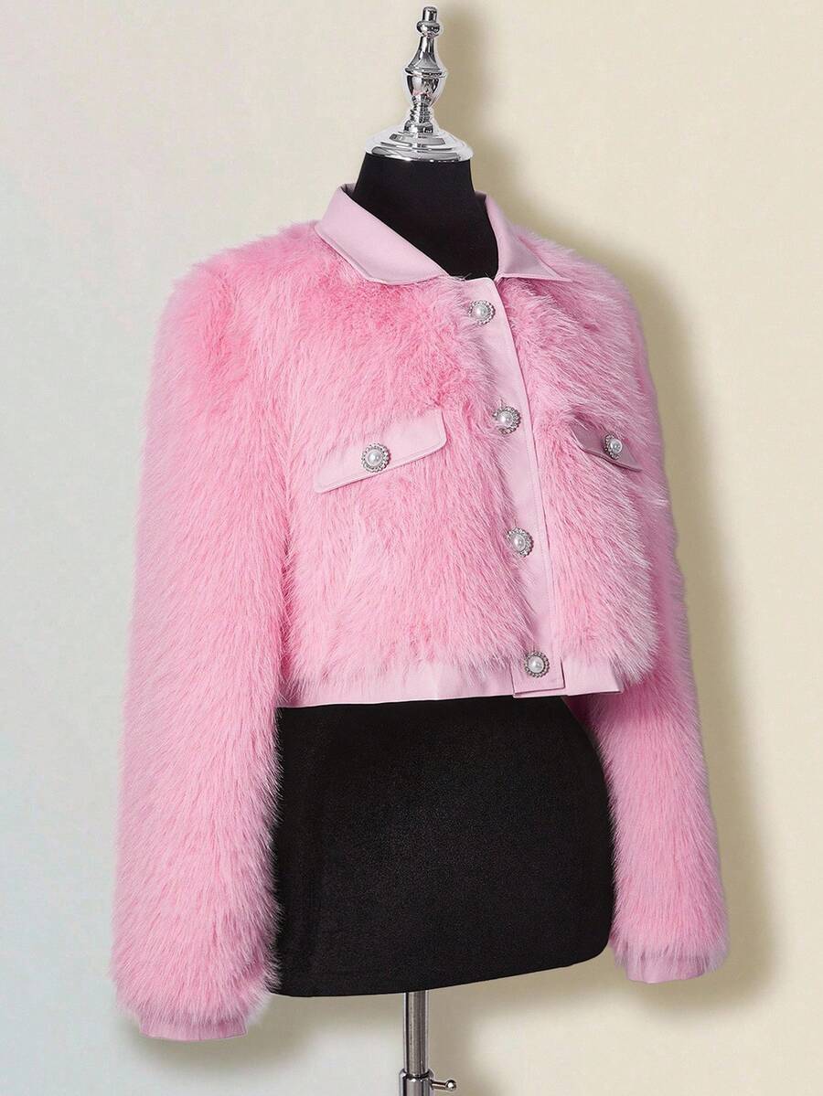 SHEIN ICON Women's Solid Color Long Sleeve Single-Breasted Faux Fur Elegant Jacket In Fall/Winter - Pink - View 1
