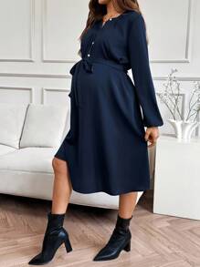 SHEIN Höstkläder, Höstkläder, Mammakläder Höstkläder Mammakläder Dam Casual Enfärgad Knappmidja Medellång Klänning Mammaklänning Blå Amningsklänning Klänning För Gravida Kvinnor Graviditetskläder Graviditetsklänning - Marinblå - Visa 4