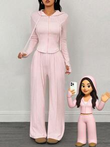 SHEIN PETITE 2pcs Women Pink Fresh Hooded Long Sleeve Top And Pants Set,Fall Women Clothes Two Piece Pants Set Long Sleeve Two Piece Set Casual Two Piece Set Tall Two Piece Set Hooded Two Piece Set - Pink - View 8