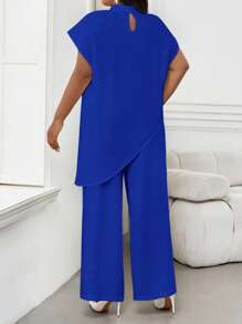 SHEIN Lady 2025新款大码女式钴蓝色纯色圆领3/4袖宽松不对称下摆优雅衬衫情人节新年派对 - 寶藍色 - 查看 2