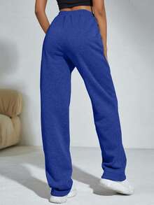 SHEIN Cottnline Women's Solid Color Drawstring Waist Pockets Straight Loose Casual Sweatpants - Royal Blue - View 2