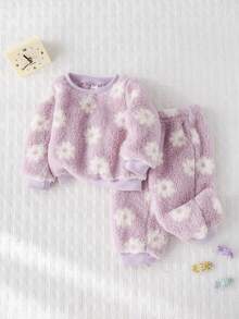 Cozy Pixies 2 pezzi Set di felpa con collo a giro a maniche lunghe con stampa floreale e fodera in pile e pantaloni con vita elastica alla caviglia per bambina