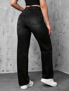 EURMUSE Casual Washed High Waist Straight Leg Jeans - Black - View 2