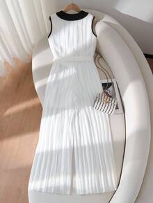 SHEIN 少女拼色领口无袖褶皱半拉链连体裤 - 白色 - 查看 2