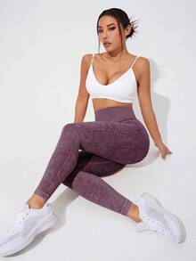 Easithlete 女式扎染高腰休闲健身紧身裤瑜伽裤 - 中紫紅色 - 查看 4